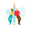 Copywriters Man And Woman Leaned Pencil Vector