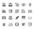 Copywriting flat glyph icons set. Writer typing text, social media content, e-mail newsletter, creative idea, typewriter