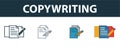 Copywriting icon set. Four simple symbols in diferent styles from smm icons collection. Creative copywriting icons filled, outline Royalty Free Stock Photo