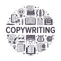 Copywriting vector circle banner with flat icons. Writer typing text, social media content, creative idea, typewriter