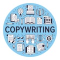 Copywriting vector circle banner flat line icons. Writer typing text, social media content, creative idea, typewriter