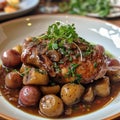 Coq au Vin a delicate chicken infused with the essence of France and the magic of red wine