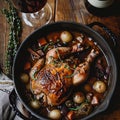 Coq au Vin a delicate chicken infused with the essence of France and the magic of red wine