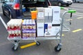 COQUELLES, PAS-DE-CALAIS, FRANCE, MAY 07 2016: Shopping trolley loaded with cheap beer and wine
