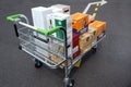COQUELLES, PAS-DE-CALAIS, FRANCE, MAY 07 2016: Shopping trolley loaded with cheap beer and wine