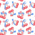 Coquette cherries seamless pattern watercolor 4th of July ribbon bow isolate on white background