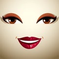 Coquette glad smiling woman eyes and lips, stylish makeup. People positive facial emotions, happiness.