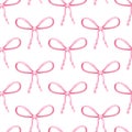 Coquette pink bow ribbon seamless pattern, elegant cute fabric print wallpaper on light background.