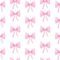 Coquette pink bow ribbon seamless pattern, elegant cute fabric print wallpaper on light background.