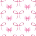 Coquette pink bow ribbon seamless pattern, elegant cute fabric print wallpaper on light background.