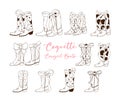 Coquette Pink Cowgirl Boots with Ribbon Bow Hand Drawn Outline collection Royalty Free Stock Photo