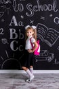 Coquette schoolgirl standing before the chalkboard as a background with a backpack on her back