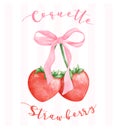 Coquette Strawberries with pink ribbon bow, aesthetic watercolor hand drawing