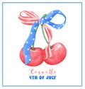 Coquette 4th of July Cherry with stars and stripes ribbon Bow Watercolor Royalty Free Stock Photo