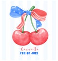 Coquette 4th of July Cherry with stars and stripes ribbon Bow Watercolor Royalty Free Stock Photo