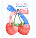 Coquette 4th of July Strawberries with stars and stripes ribbon Bow Watercolor Royalty Free Stock Photo