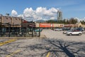 COQUITLAM, CANADA - MARCH 31, 2019: Shopping mall in city center with Shoppers drug mart and parking lots