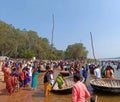 Coracles (Teppa) and locals at the beaches of Kaveri River in Talakadu