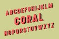 Coral alphabet of volumetric letters. 3d retro font