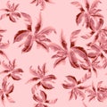 Coral Banana Leaf Set. Fuchsia Isolated Palm. Seamless Plant. Pattern Palm. Watercolor Decor. Tropical Leaves. Botanical Plant. Su