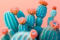 Coral Blue colored Cactus on pink bright pastel background. Trendy tropical cacti plant close-up. Sweet coral cacti Mood. Copy