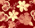 Coral Botanical Decor. Red Orchid Illustration. Scarlet Hibiscus Print. Flower Design. Watercolor Decor. Seamless Set. Pattern Pla