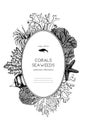 Vector frame with hand drawn black corals, fish, stars sketch. Vintage background with underwater natural elements. Decorative sea Royalty Free Stock Photo