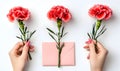 elegant flat lay of three red and white carnations held by manicured hands with a pink envelope on a clean white background Royalty Free Stock Photo