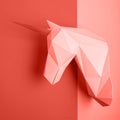 Coral color 3d papercraft model of unicorn head. Minimal art concept