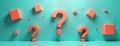 Coral-colored question marks, cubes scattered on bright turquoise background. 3D rendering suggests curiosity, confusion. Royalty Free Stock Photo