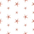 Coral colored starfish on a white background. Watercolor illustration. Seamless pattern from the collection of JELLYFISH