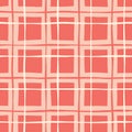 Coral Hand-Drawn Plaid Vector Seamless Pattern. Whimsical Modern Classic Tartan Background