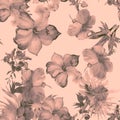 Coral Hibiscus Leaves. Gray Flower Decor. Brown Seamless Print. Watercolor Plant. Pattern Texture. Pink Tropical Wallpaper. Exotic