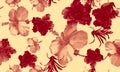 Coral Hibiscus Painting. Red Flower Garden. Scarlet Seamless Backdrop. Rusty Watercolor Plant. Pattern Leaves. Tropical Painting.