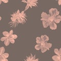 Coral Hibiscus Textile. Brown Watercolor Set. Gray Seamless Background. Flower Leaves Pattern Leaf. Tropical Foliage. Summer Texti Royalty Free Stock Photo