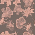 Coral Hibiscus Textile. Pink Flower Painting. Gray Watercolor Plant. Floral Jungle. Seamless Wallpaper. Pattern Wallpaper. Tropica Royalty Free Stock Photo