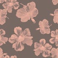 Coral Hibiscus Texture. Gray Flower Set. Red Seamless Decor. Vintage Decor. Pattern Print. Watercolor Jungle. Tropical Decor. Exot