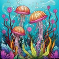 Colorful Underwater Jellyfish Illustration For Coloring Book