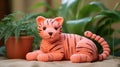 Coral Knitted Tiger Toy On Plant - Photorealistic Crocheted Pastiche