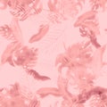 Coral Monstera Pattern Foliage. Pink Seamless Foliage. White Watercolor Monstera. Tropical Background. Floral Design. Summer Set. Royalty Free Stock Photo