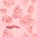 Coral Monstera Pattern Texture. Pink Seamless Set. White Watercolor Leaf. Tropical Decor. Floral Monstera. Summer Leaf. Vintage Te Royalty Free Stock Photo
