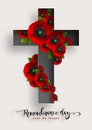 Remembrance day lest we forget. realistic red poppy flower international symbol of peace with paper cut art and craft style on col Royalty Free Stock Photo