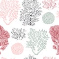 Seamless pattern with hand drawn reef corals sketch. Vector background with underwater natural elements. Vintage sea life illustra Royalty Free Stock Photo