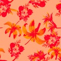 Coral Pattern Design. Pink Seamless Leaves. Red Tropical Leaves. Ruby Flower Leaf. Scarlet Wallpaper Leaves.