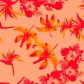Coral Pattern Leaves. Scarlet Seamless Illustration. Red Tropical Textile. Pink Flower Leaf. Ruby Wallpaper Leaves.