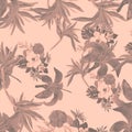 Coral Pattern Vintage. Pink Tropical Background. Gray Floral Exotic. Watercolor Art. Summer Leaves. Garden Design. Royalty Free Stock Photo