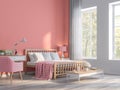 Coral pink bedroom with nature view 3d render Royalty Free Stock Photo