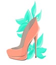 Coral Pink High-Heeled Shoes With Mint Flowers