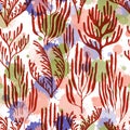 Coral polyps seamless pattern., Mediterranean staghorn and pillar corals bushes. Royalty Free Stock Photo