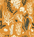 Coral polyps and seaweed seamless pattern vector. Black and yellow Kelp laminaria algae background. Sea reef nature Underwater Royalty Free Stock Photo